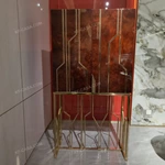 Natural Wood Veneer Tall Sideboard with Gold-Tone Stainless Steel Inlays, Glass Shelf and Geometric Open-Frame Base